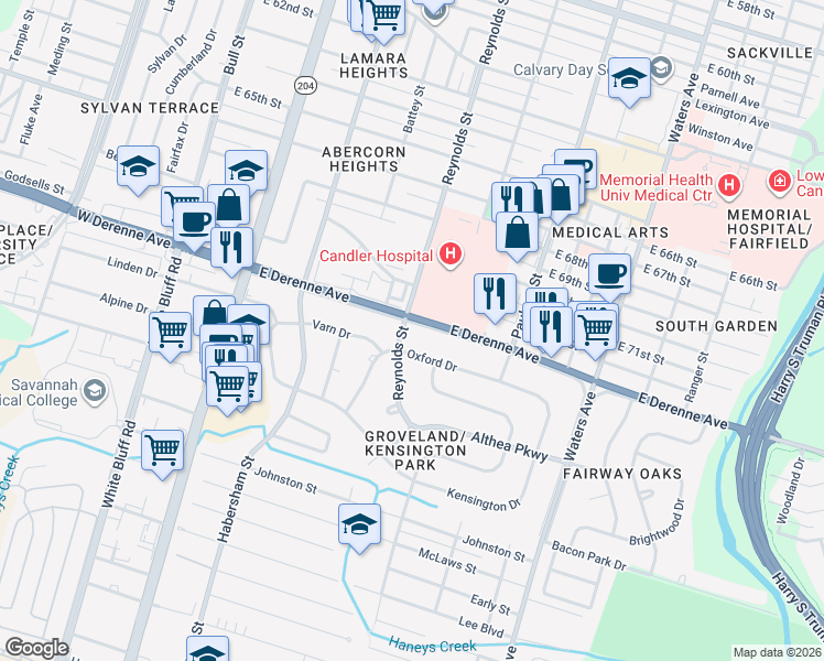 map of restaurants, bars, coffee shops, grocery stores, and more near 301 DeRenne Drive in Savannah