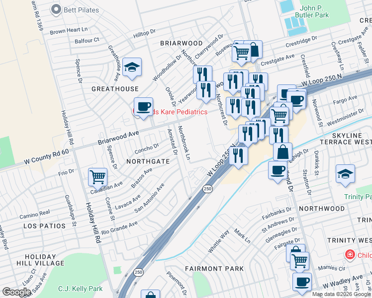map of restaurants, bars, coffee shops, grocery stores, and more near Northbrook Lane in Midland
