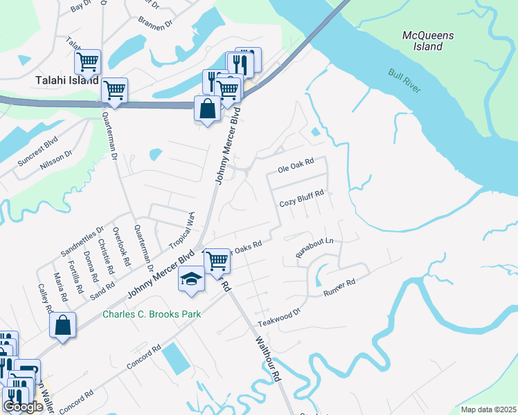 map of restaurants, bars, coffee shops, grocery stores, and more near 104 Oyster Shell Lane in Savannah