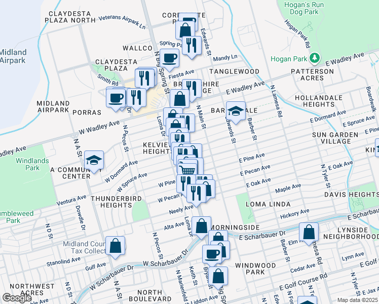 map of restaurants, bars, coffee shops, grocery stores, and more near 3000 N Big Spring St in Midland