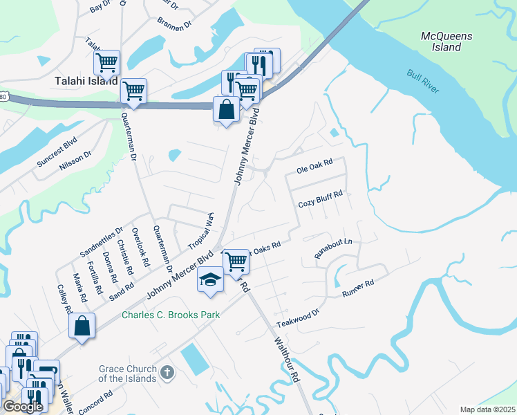 map of restaurants, bars, coffee shops, grocery stores, and more near 11 Tabby Lane in Wilmington Island