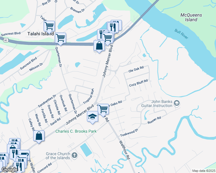 map of restaurants, bars, coffee shops, grocery stores, and more near 11 Tabby Lane in Wilmington Island