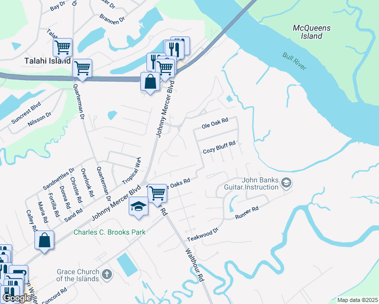 map of restaurants, bars, coffee shops, grocery stores, and more near 104 Oyster Shell Lane in Savannah