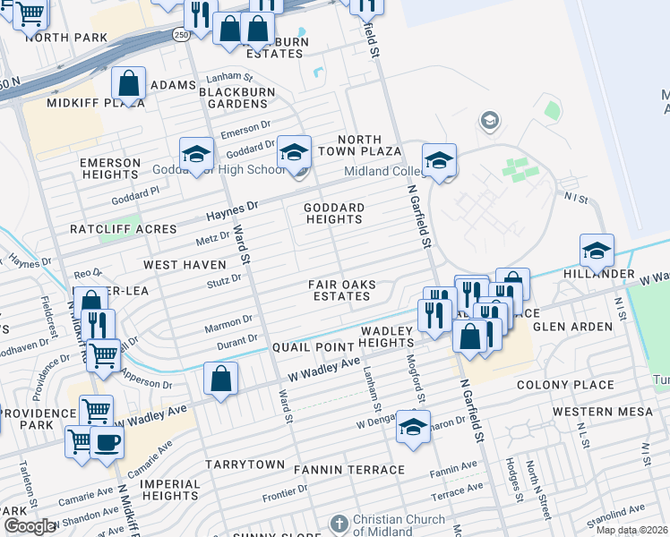 map of restaurants, bars, coffee shops, grocery stores, and more near 2500 Maxwell Dr in Midland