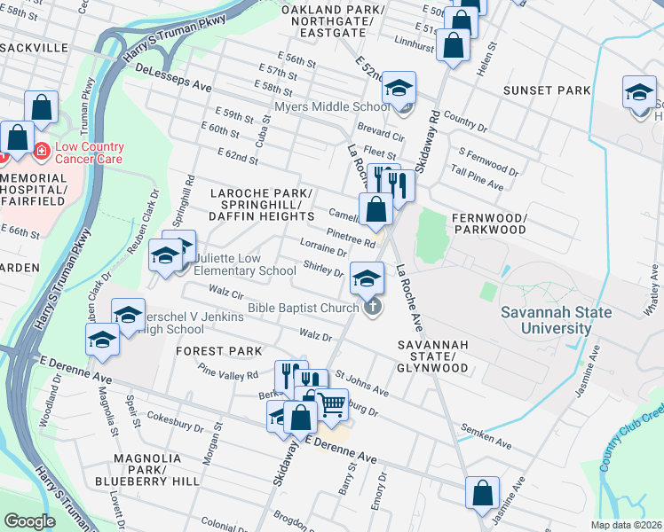 map of restaurants, bars, coffee shops, grocery stores, and more near 2338 Shirley Drive in Savannah