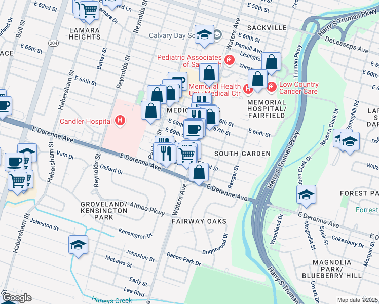 map of restaurants, bars, coffee shops, grocery stores, and more near 911 East 70th Street in Savannah