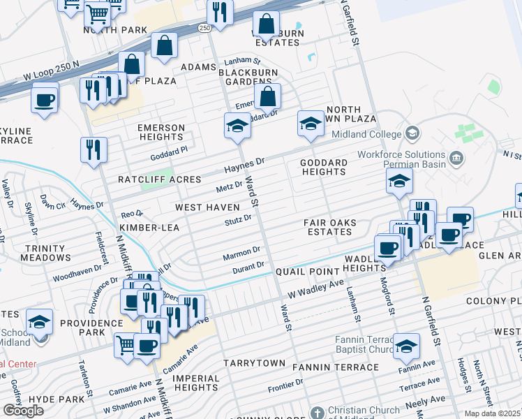 map of restaurants, bars, coffee shops, grocery stores, and more near 3801-3899 Ward Street in Midland