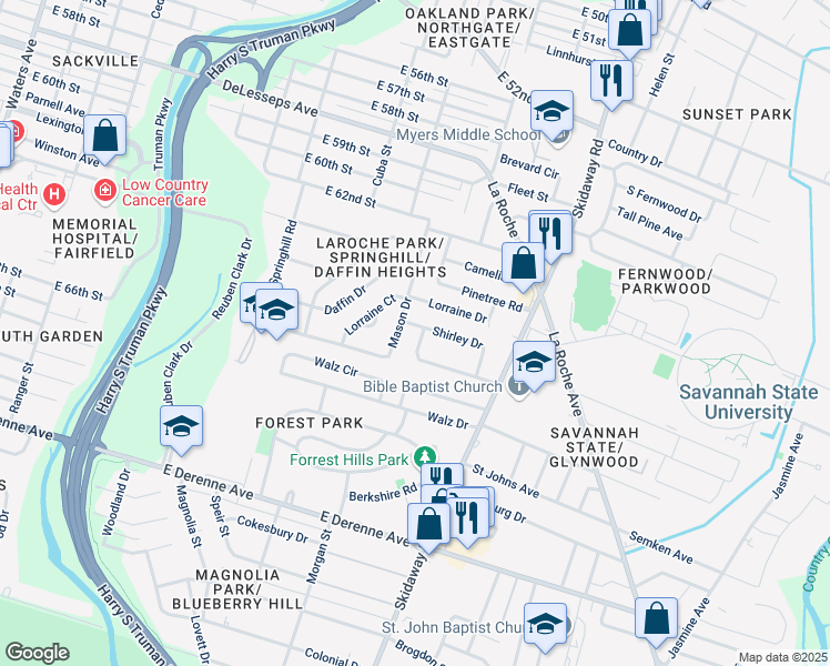 map of restaurants, bars, coffee shops, grocery stores, and more near 2312 Shirley Drive in Savannah