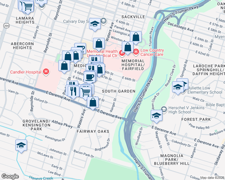 map of restaurants, bars, coffee shops, grocery stores, and more near 1202 East 69th Street in Savannah