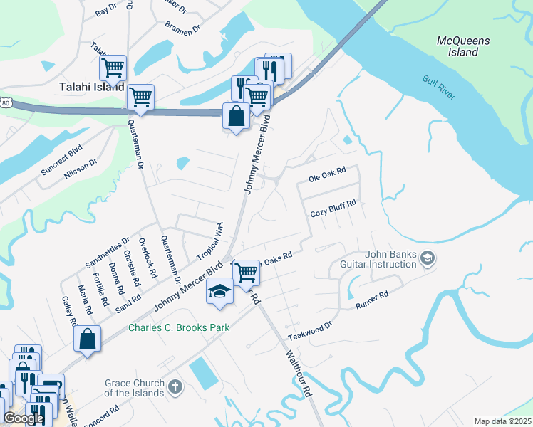 map of restaurants, bars, coffee shops, grocery stores, and more near 11 Tabby Lane in Wilmington Island