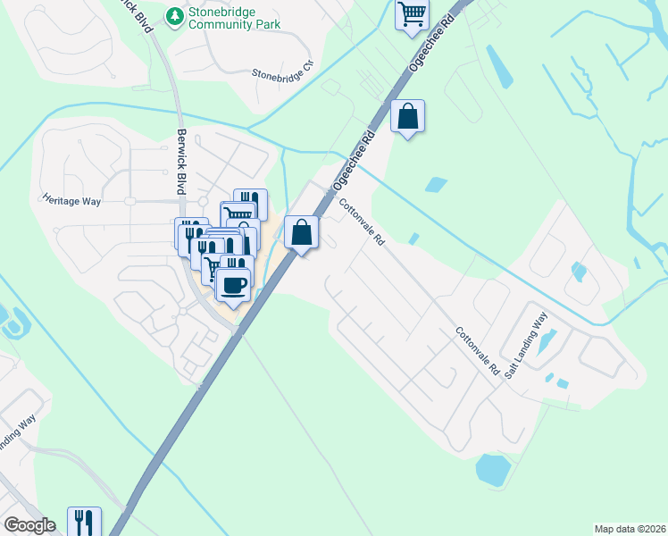 map of restaurants, bars, coffee shops, grocery stores, and more near 6008 Greenfield Drive in Savannah