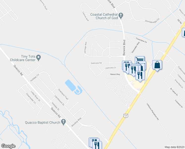map of restaurants, bars, coffee shops, grocery stores, and more near 156 Parkview Rd in Savannah