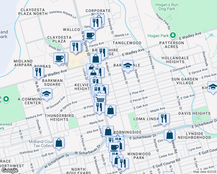 map of restaurants, bars, coffee shops, grocery stores, and more near 105 West Dormard Avenue in Midland