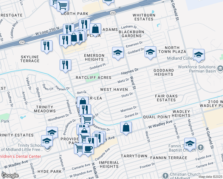 map of restaurants, bars, coffee shops, grocery stores, and more near 2822 Auburn Dr in Midland