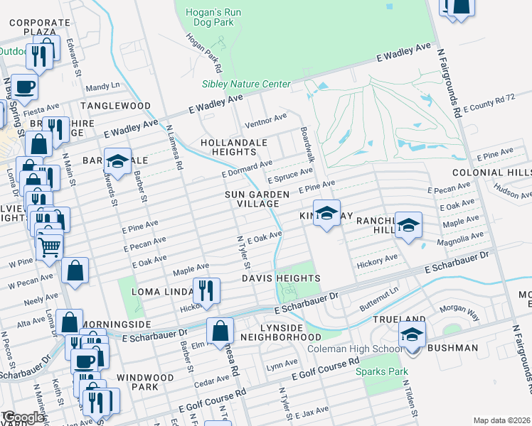 map of restaurants, bars, coffee shops, grocery stores, and more near 1219 E Pecan Ave in Midland