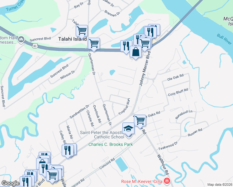 map of restaurants, bars, coffee shops, grocery stores, and more near 301 Sugar Tree Court in Savannah