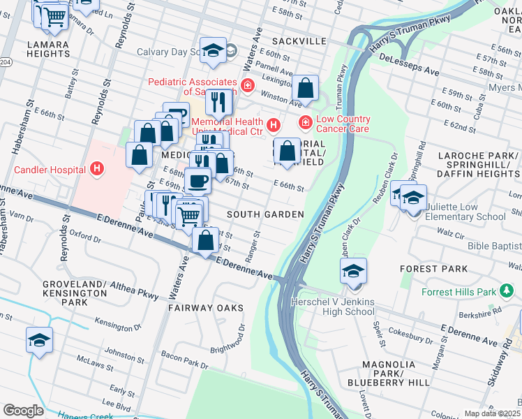 map of restaurants, bars, coffee shops, grocery stores, and more near 1223 East 68th Street in Savannah