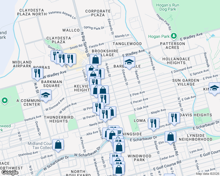 map of restaurants, bars, coffee shops, grocery stores, and more near 105 West Dormard Avenue in Midland