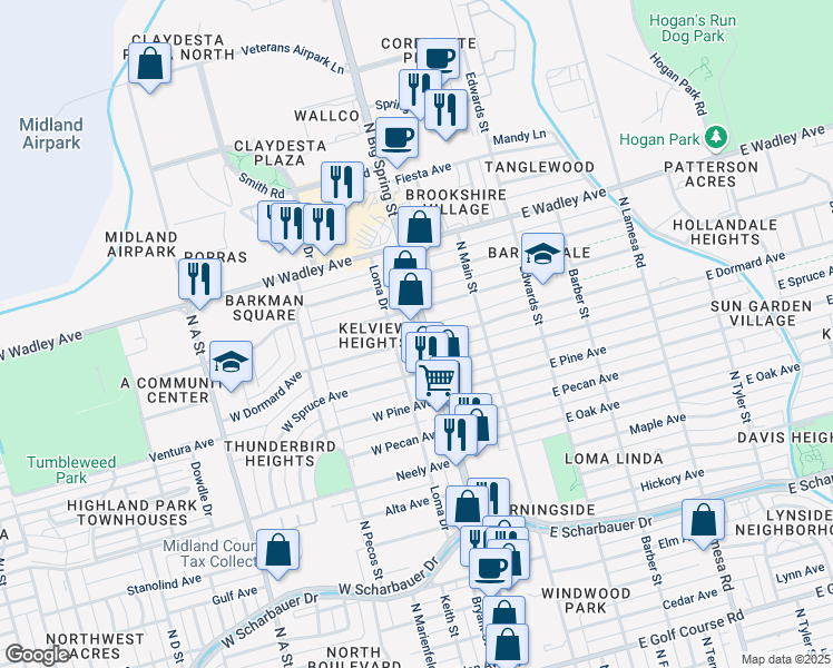 map of restaurants, bars, coffee shops, grocery stores, and more near 3000 N Big Spring St in Midland