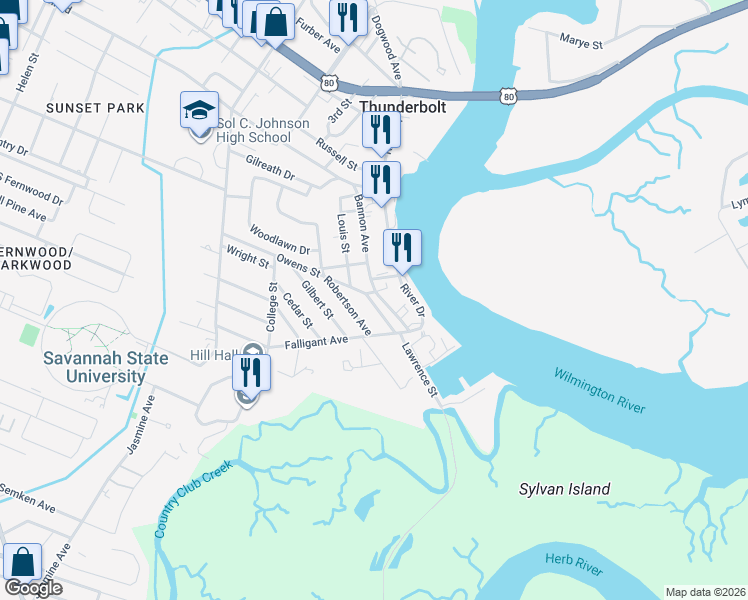 map of restaurants, bars, coffee shops, grocery stores, and more near 3403 Bannon Avenue in Savannah