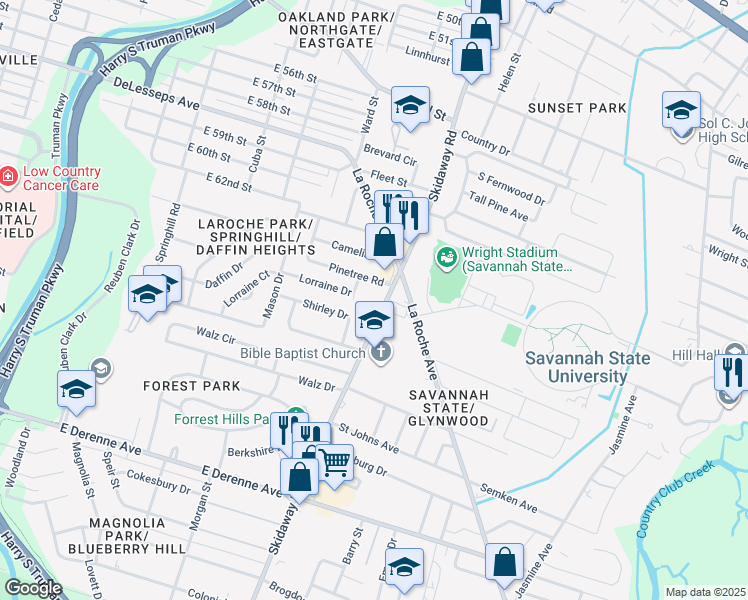 map of restaurants, bars, coffee shops, grocery stores, and more near 4605 Skidaway Road in Savannah