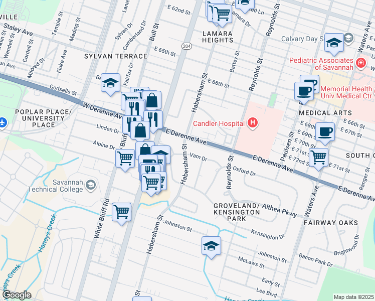 map of restaurants, bars, coffee shops, grocery stores, and more near 5417 Habersham Street in Savannah