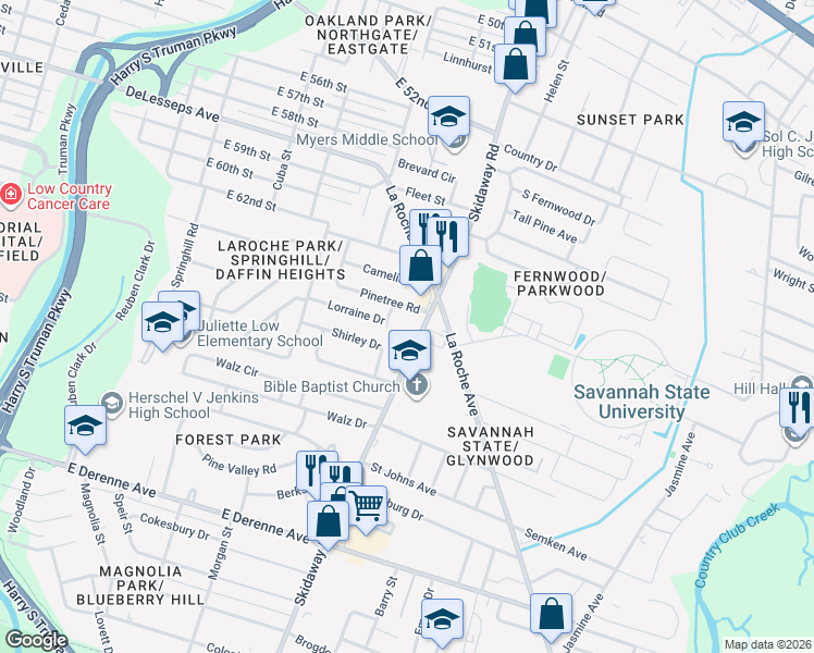 map of restaurants, bars, coffee shops, grocery stores, and more near 4605 Skidaway Road in Savannah
