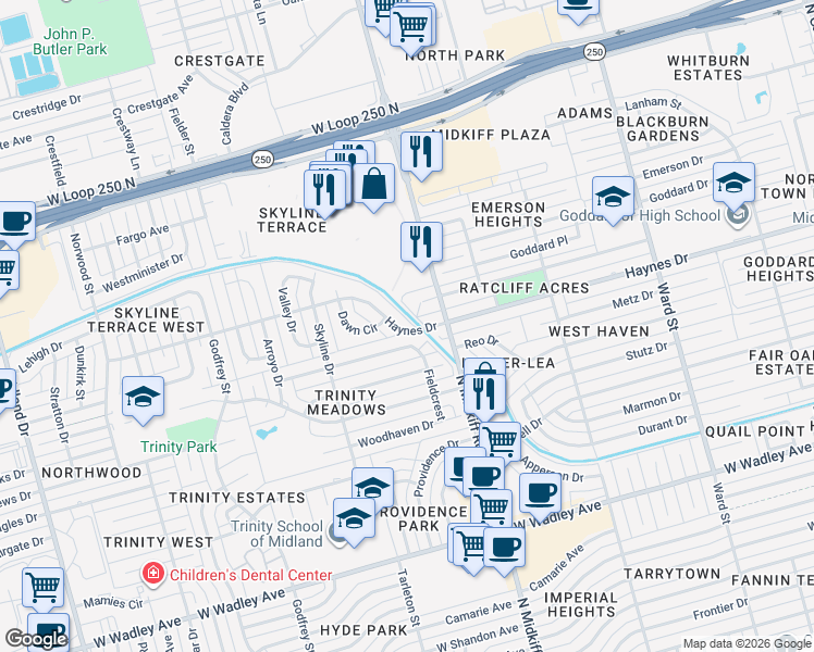 map of restaurants, bars, coffee shops, grocery stores, and more near 3304 Haynes Drive in Midland