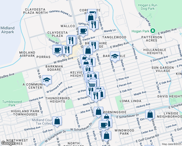 map of restaurants, bars, coffee shops, grocery stores, and more near 3000 North Big Spring Street in Midland