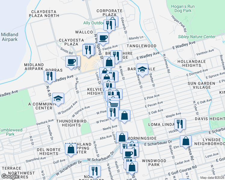 map of restaurants, bars, coffee shops, grocery stores, and more near 3000 N Big Spring St in Midland