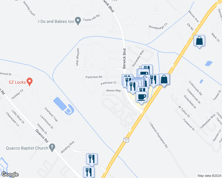 map of restaurants, bars, coffee shops, grocery stores, and more near 99 Reese Way in Savannah