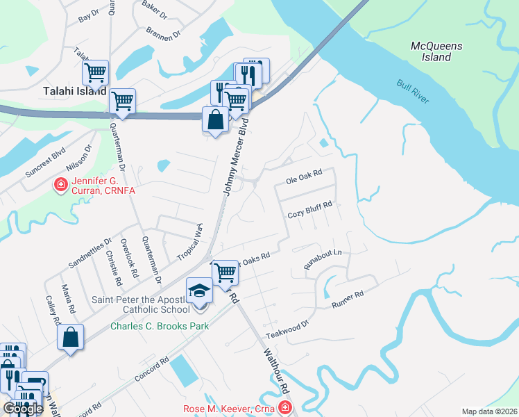 map of restaurants, bars, coffee shops, grocery stores, and more near 11 Tabby Lane in Wilmington Island
