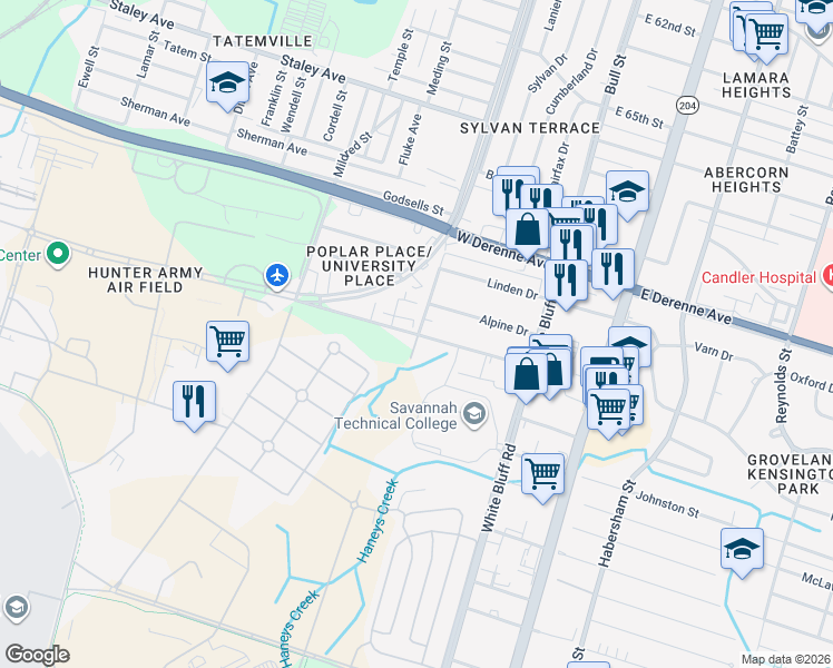 map of restaurants, bars, coffee shops, grocery stores, and more near 202 Hampstead Avenue in Savannah