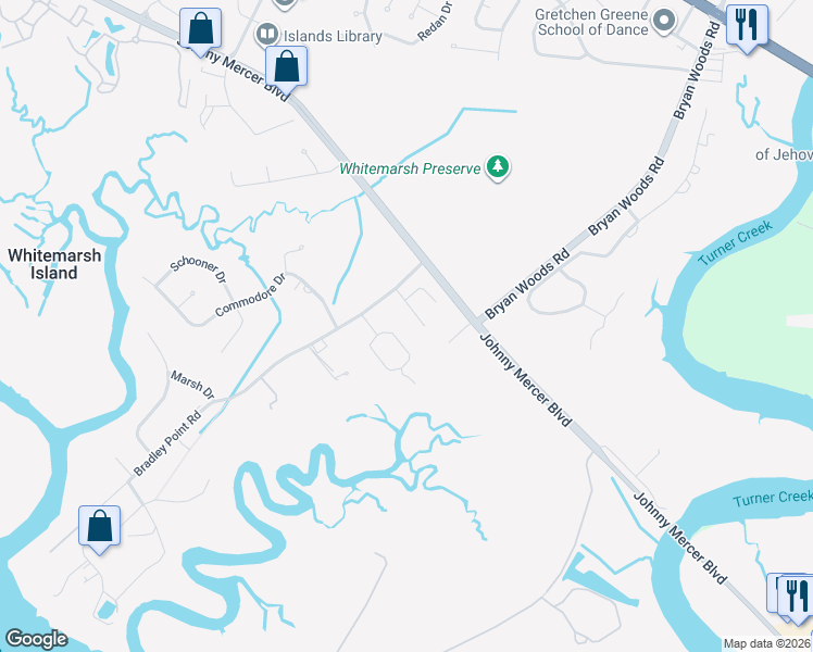 map of restaurants, bars, coffee shops, grocery stores, and more near 17 Piney Point Road in Savannah