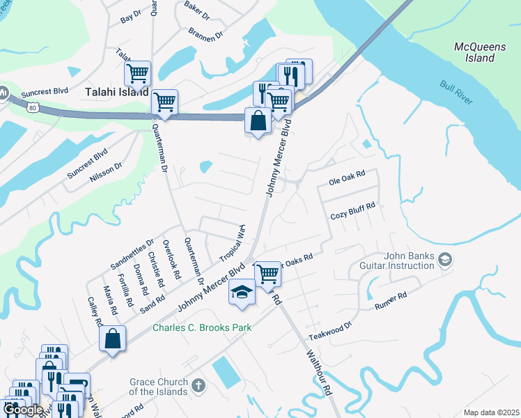 map of restaurants, bars, coffee shops, grocery stores, and more near 7502 Johnny Mercer Boulevard in Savannah
