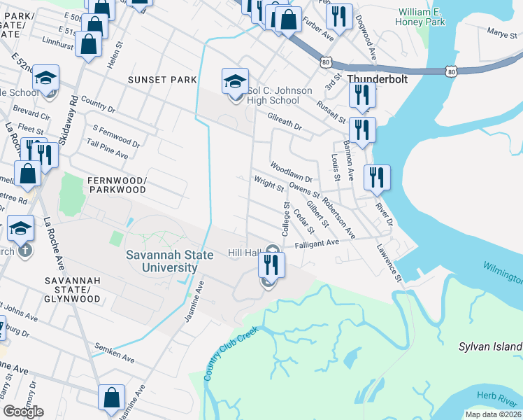 map of restaurants, bars, coffee shops, grocery stores, and more near 3106 Butler Avenue in Savannah