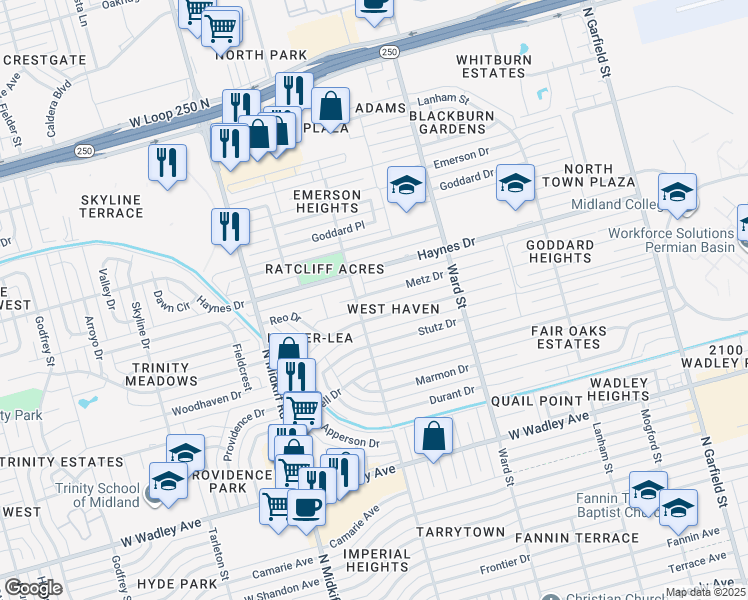 map of restaurants, bars, coffee shops, grocery stores, and more near 2822 Auburn Drive in Midland
