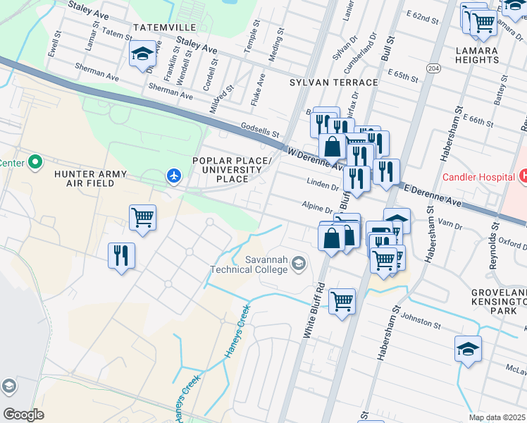 map of restaurants, bars, coffee shops, grocery stores, and more near 205 Hampstead Avenue in Savannah
