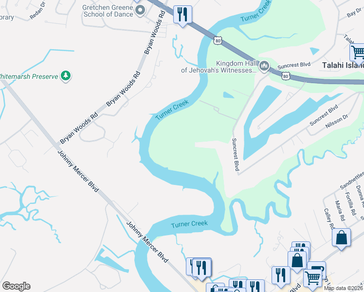 map of restaurants, bars, coffee shops, grocery stores, and more near 441 Suncrest Boulevard in Savannah