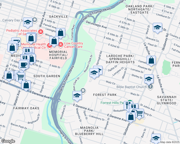 map of restaurants, bars, coffee shops, grocery stores, and more near 4801 Springhill Road in Savannah