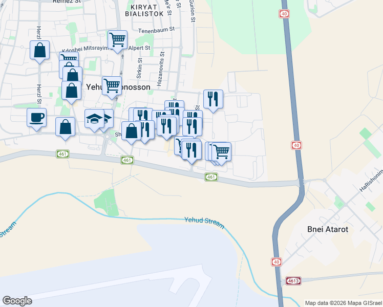 map of restaurants, bars, coffee shops, grocery stores, and more near 5 Altalef Street in Yehud-Monosson