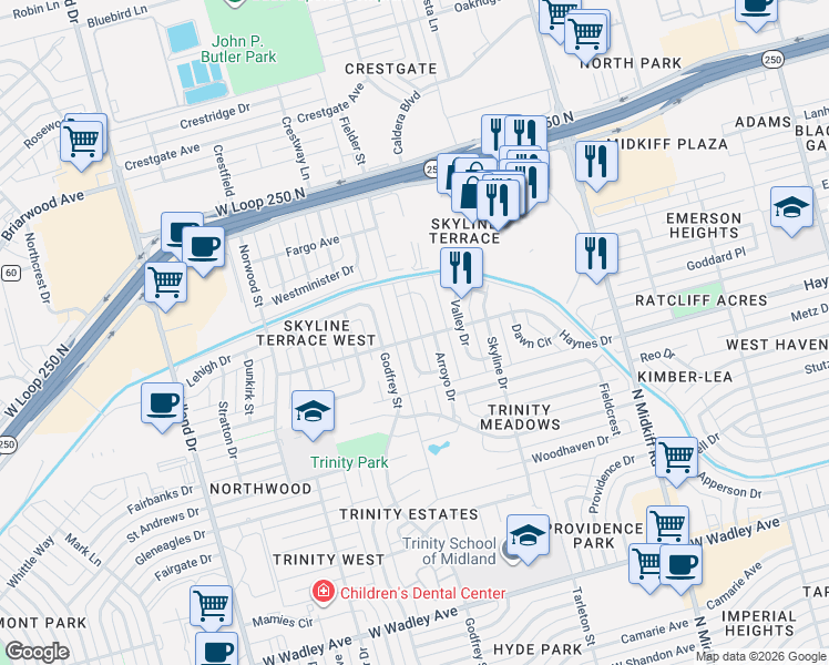 map of restaurants, bars, coffee shops, grocery stores, and more near 4208 Boulder Dr in Midland