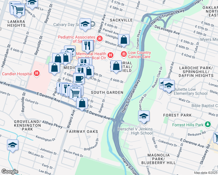 map of restaurants, bars, coffee shops, grocery stores, and more near 1223 East 68th Street in Savannah