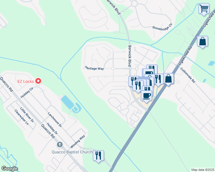 map of restaurants, bars, coffee shops, grocery stores, and more near 206 Parkview Court in Savannah