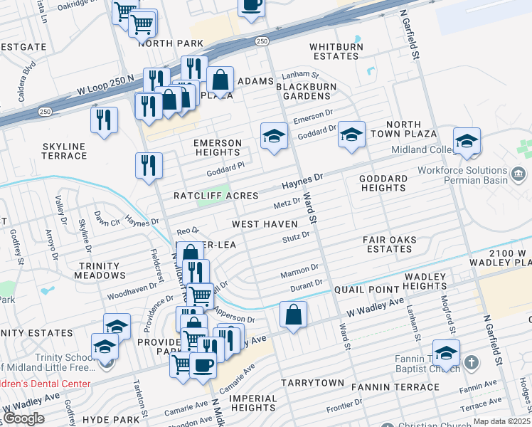 map of restaurants, bars, coffee shops, grocery stores, and more near 2822 Auburn Drive in Midland
