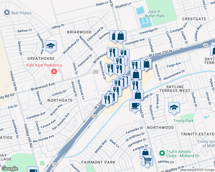 map of restaurants, bars, coffee shops, grocery stores, and more near in Midland