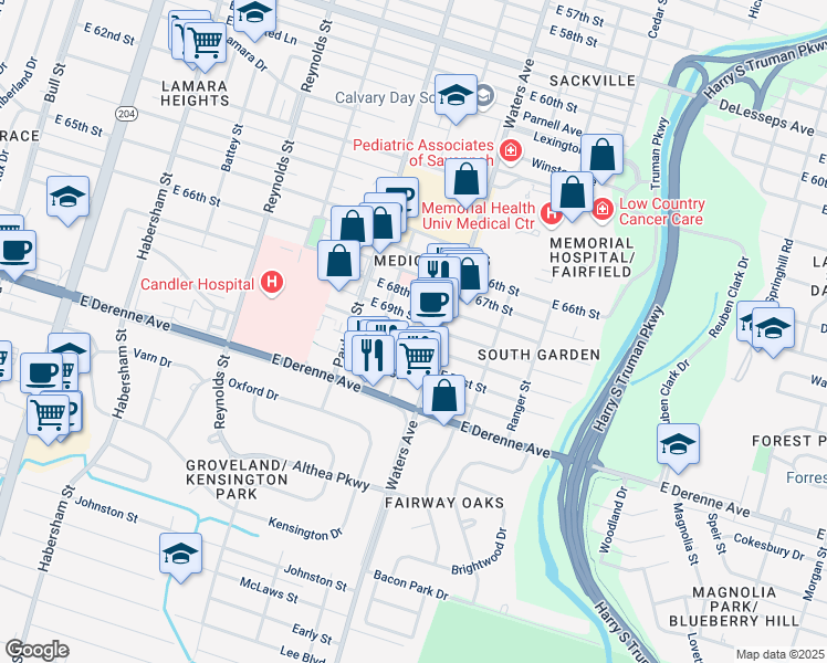map of restaurants, bars, coffee shops, grocery stores, and more near 911 East 70th Street in Savannah
