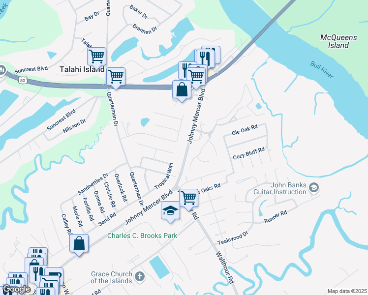 map of restaurants, bars, coffee shops, grocery stores, and more near 7502 Johnny Mercer Boulevard in Savannah