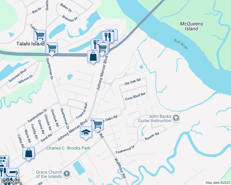 map of restaurants, bars, coffee shops, grocery stores, and more near 104 Oyster Shell Lane in Savannah