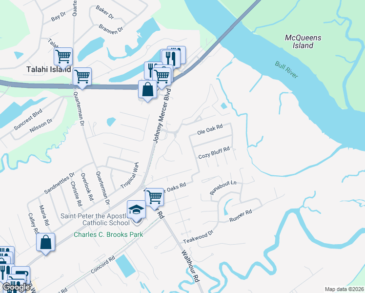map of restaurants, bars, coffee shops, grocery stores, and more near 104 Oyster Shell Lane in Savannah